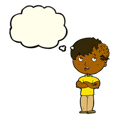cartoon boy with growth on head with thought bubble
