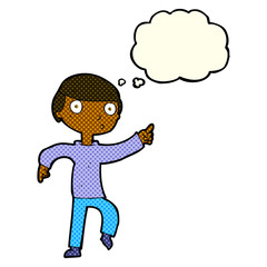 Obraz na płótnie Canvas cartoon boy pointing with thought bubble
