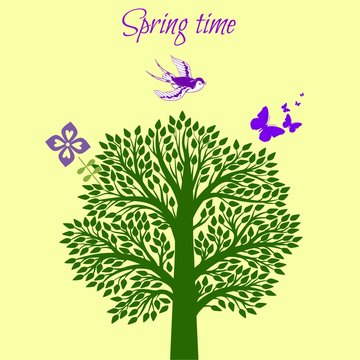 Illustrazione con albero e simboli della primavera in arrivo