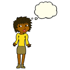 cartoon woman shrugging shoulders with thought bubble