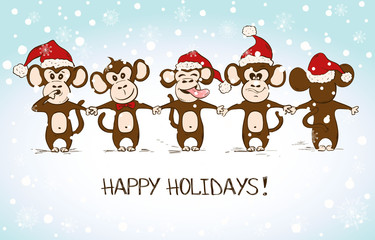 New Year Card With Funny Monkey Holding Hands.