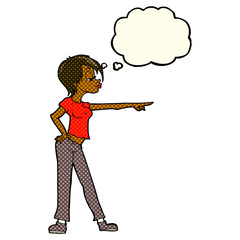 cartoon hip woman pointing with thought bubble