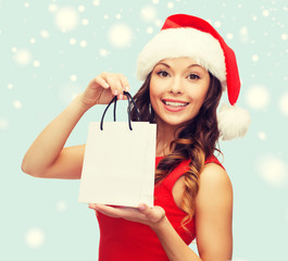 woman in red dress with shopping bag