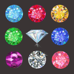 Set of colored gems isolated on dark background, vector illustration
