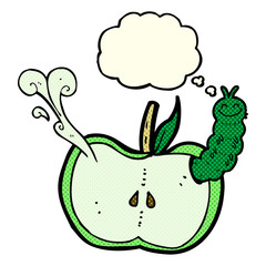 cartoon apple with bug with thought bubble
