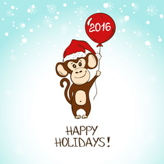 Christmas Greeting Card With Monkey Holding The Red Balloon.
