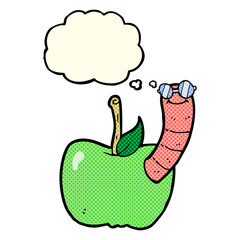cartoon apple with worm with thought bubble