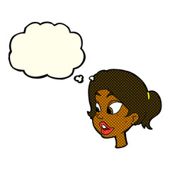 cartoon friendly woman with thought bubble