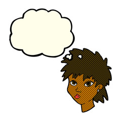 cartoon curious girl with thought bubble