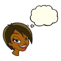 cartoon pretty female face with thought bubble