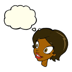 cartoon pretty female face with thought bubble