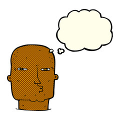 cartoon bald tough guy with thought bubble