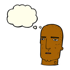 cartoon bald tough guy with thought bubble