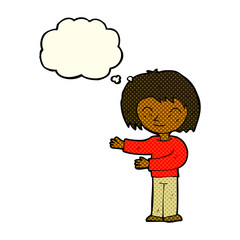 cartoon woman gesturing welcome with thought bubble