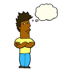 cartoon man sulking with thought bubble