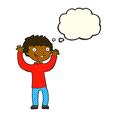 cartoon excited boy with thought bubble