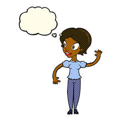 cartoon woman waving with thought bubble