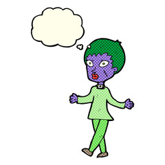 cartoon halloween zombie woman with thought bubble