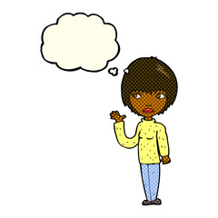 cartoon woman waving with thought bubble
