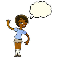 cartoon girl waving with thought bubble