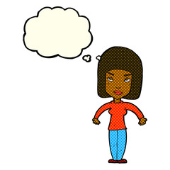 cartoon woman shrugging shoulders with thought bubble