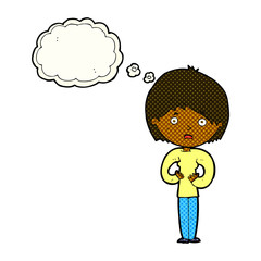 cartoon woman making Who Me? gesture with thought bubble