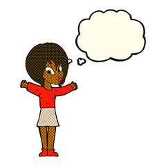 cartoon woman with open arms with thought bubble
