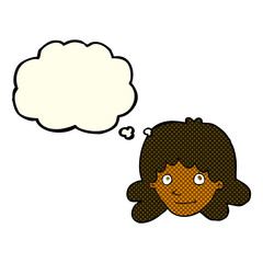cartoon happy female face with thought bubble