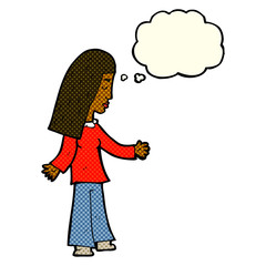 cartoon woman with open arms with thought bubble