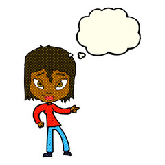 cartoon relaxed woman pointing with thought bubble