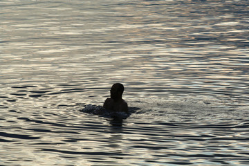Schwimmer im Gardasee bei Abenddämmerung
