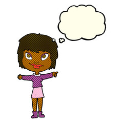 cartoon woman pointing with thought bubble