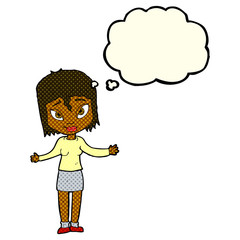 cartoon woman shrugging shoulders with thought bubble