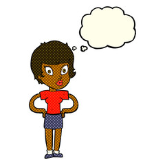 cartoon woman with hands on hips with thought bubble