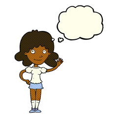 cartoon woman waving with thought bubble