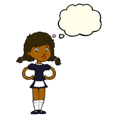 cartoon happy waitress woman with thought bubble