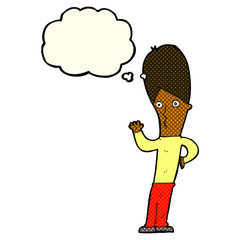 cartoon man waving with thought bubble