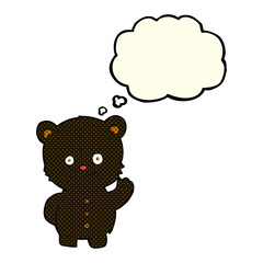 cartoon waving black bear cub with thought bubble
