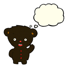cartoon waving black bear cub with thought bubble