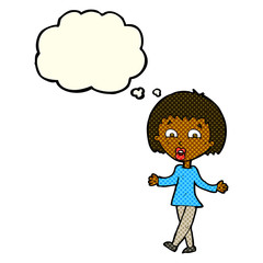 cartoon woman shrugging shoulders with thought bubble