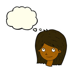 cartoon happy female face with thought bubble