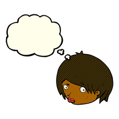 cartoon female face with raised eyebrow with thought bubble