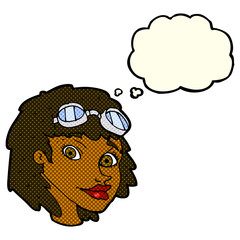 cartoon happy woman wearing aviator goggles with thought bubble