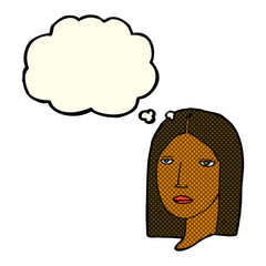 cartoon serious woman with thought bubble