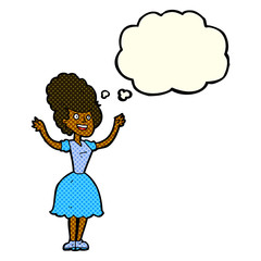 cartoon happy 1950's woman with thought bubble