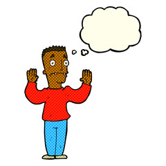 cartoon man surrendering with thought bubble