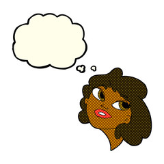 cartoon happy woman with thought bubble