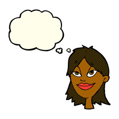 cartoon happy woman with thought bubble