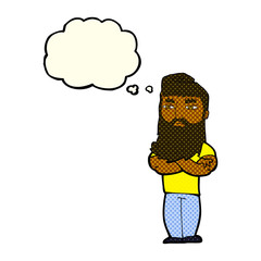 cartoon serious man with beard with thought bubble