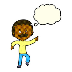 cartoon man with mustache pointing with thought bubble
